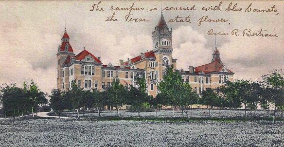 1908 Postcard.Old Main with bluebonnets